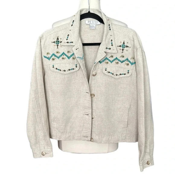 Vintage Y2K Embroidered Cropped Linen Blend Western Shirt Jacket Size Large - Picture 1 of 16
